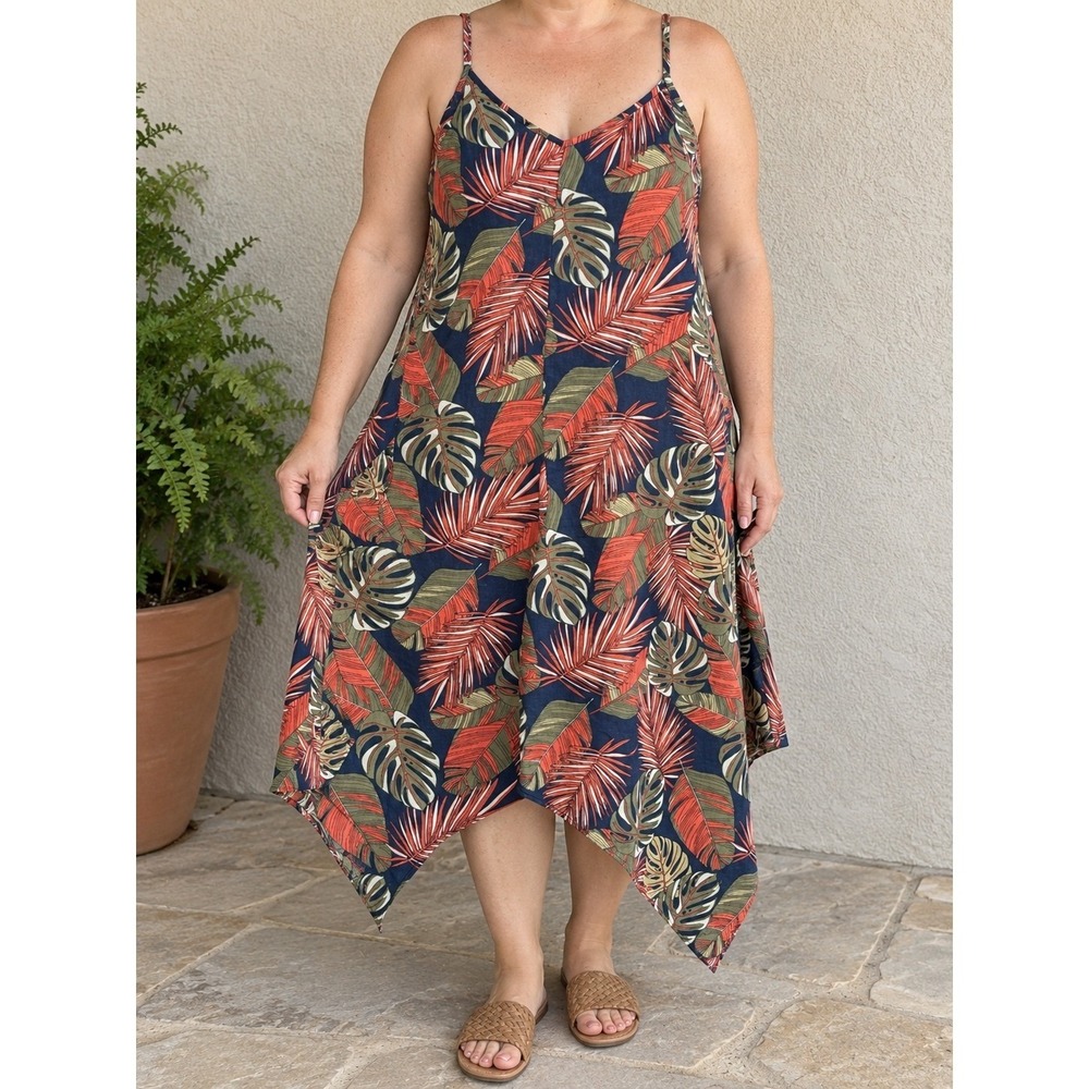 Time and Tru Women XL Linen Blend Tropical Palm Leaf Handkerchief Hem Midi Dress